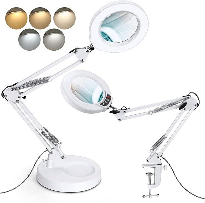 10X Magnifying Glass with Light and Stand, Upgrade Button 5 Color Modes Stepless Dimmable, 2-in-1 LED Lighted Magnifier Light, Hands Free Desk Lamp with Clamp for Craft Hobby Close Work - White
