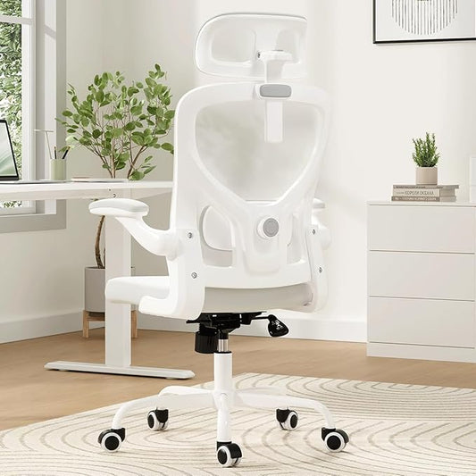 Soohow Ergonomic Office Chair, Office Mesh Desk Chair with Adjustable Lumbar Support Armrests, Comfy Computer Desk Chair with Headrest, for Home and Office, White & White