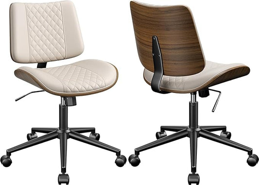 Home Office Chair with Wheels Set of 2, Armless Desk Chair Adjustable Height with Lumbar Support, Swivel Rolling, Modern Walnut Backrest for Office, Small Space, Beige, Lozenge Pattern