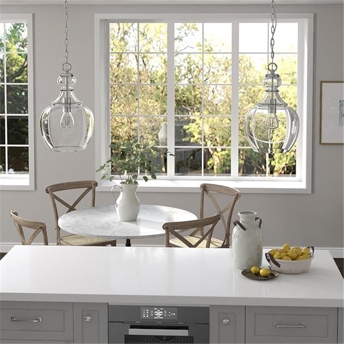 Henn&Hart 11" Wide Pendant with Glass Shade in Brushed Nickel/Clear, Pendant, Flush Mount Ceiling Light Fixture for Kitchen, Living Room