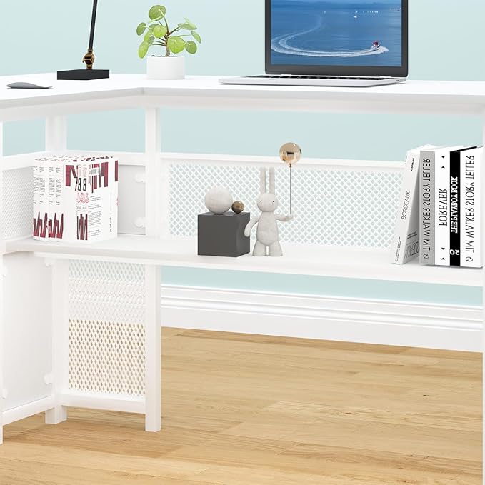 HSH White L Shaped Desk with Drawers Shelves, Large Home Office Corner Computer Desk with Storage File Cabinet, Modern Metal Wood Desk for Executive Writing Study Workstation, 59 Inch Bedroom Table