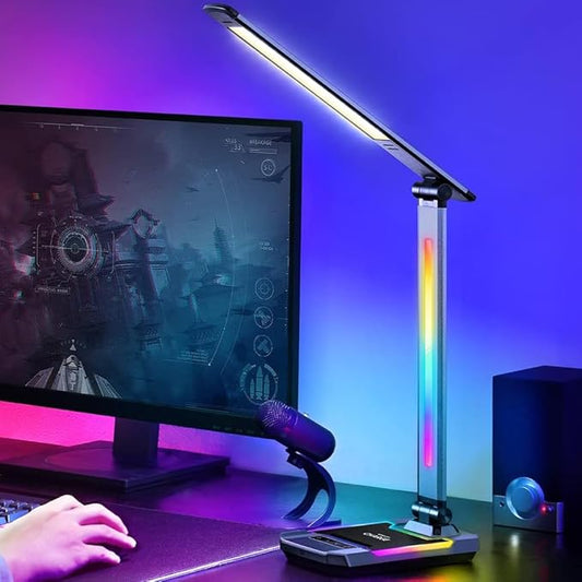 RGB Gaming Desk Lamp with Music Sync,Dimmable LED Lamp with Wireless Charging Station,USB Charging Port,Color Changing Touch Control Light for Gamer Room Decor,Reading,Office,Gift Ideas