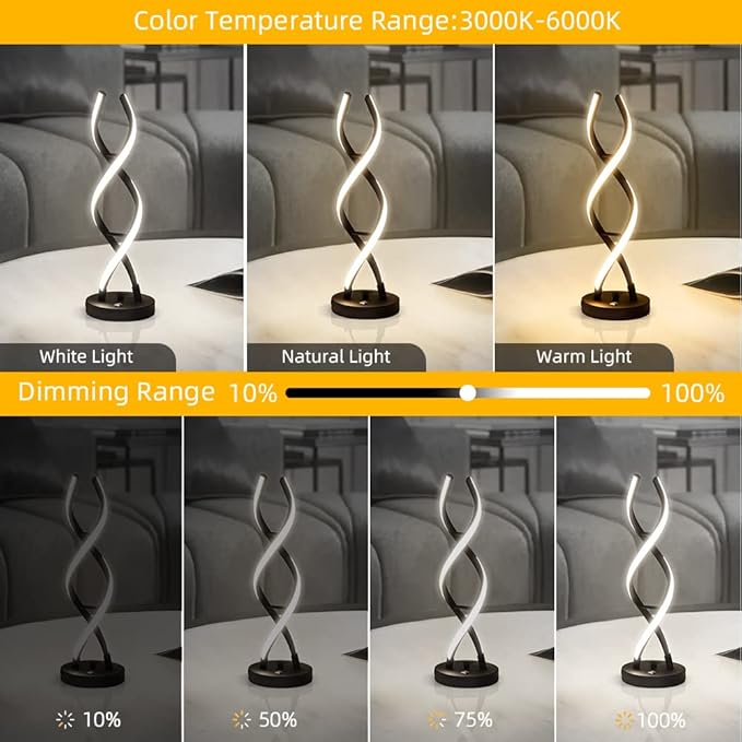 LED Modern Table Lamp, Stepless Dimmable Spiral Table Lamps for Bedroom, 3 Colors Touch Control Bedside Nightstand Lamp with 1 USB Charging Ports, Desk Lamps for Living Room Office (Black)