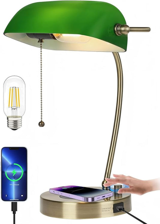 Newrays Green Glass Bankers Desk Lamp with Wireless Charger, USB Charging Port for Home Office,Stepless Dimmable Table Lamp Plug in Fixture,LED Bulb Included