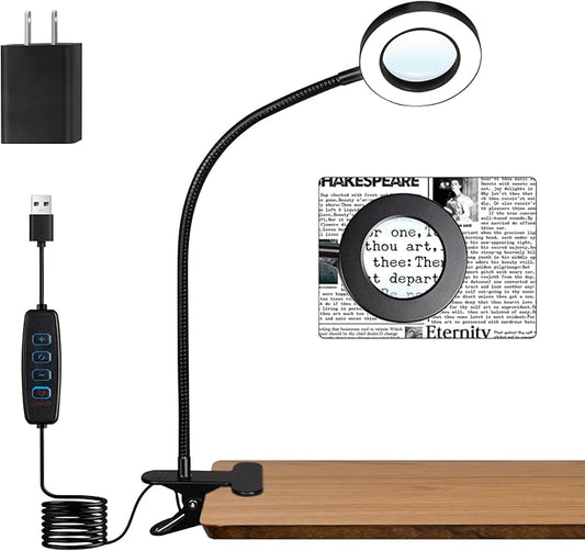 5X Magnifying Glass Desk Lamp with Clamp, 10 Brightness Levels, 3 Color Modes, 5V/2A Adapter Included – Clip Light for Reading, Crafting, Painting, Close Work (Black)
