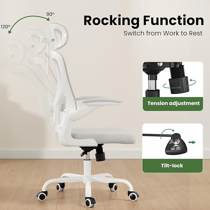 Soohow Ergonomic Office Chair, Office Mesh Desk Chair with Adjustable Lumbar Support Armrests, Comfy Computer Desk Chair with Headrest, for Home and Office, White & White
