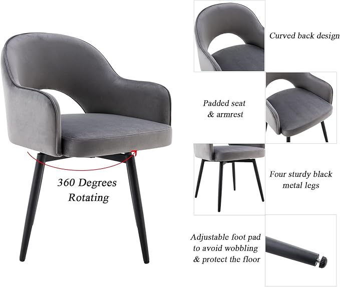 DUOMAY Swivel Dining Chair Set of 2, Velvet Upholstered Side Chair Modern Accent Guest Chair Home Office Desk Chair with No Wheels for Dining Room Living Room Office, Grey