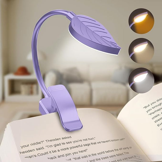 Rechargeable Book Lights for Reading at Night - Eye,3 Color Temperatures,3 Brightness Levels,Flexible Goose Neck Clip on Light,Reading Lights for Books in Bed with Power Indicator Bookworms (Purple)