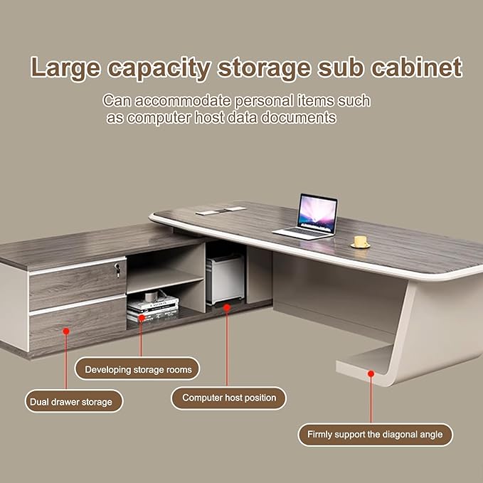 86IN Executive Office Desk - Executive Desk with 2 Drawers & Open Storage Space & Computer Host Position | Supporting Slant Leg & Decorative LED Light Strip, Fence Baffle Design