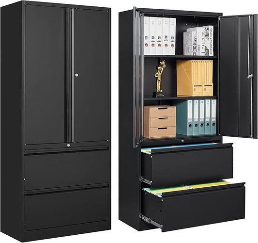 STANI 2 Drawer Lateral File Cabinet - Metal Storage Cabinet with Locking Drawers for Letter/A4 Size Files (Black)