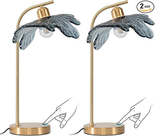 Gold Table lamp set of 2, Touch Table lamp with Blue Glass Flower Shade Mid Century Modern Lamps Bedside nightstand lamp Side Table Lamps Small Table lamp for Bedroom Living Room Office Farmhouse