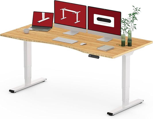 Standing Desk 3 Stages Dual Motor 60 inch Whole-Piece Real Bamboo Desktop Height Adjustable Desk for Home Office Stand Up (White Frame/ 60" Curved Natural Bamboo Top)