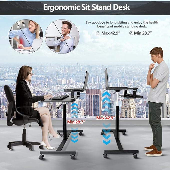 Mobile Standing Desk,Rolling Desk Adjustable Height,Laptop Cart on Wheels with Keyboard Tray&Monitor Stand Riser,Overbed Table for Home,Office,Podium (Black)