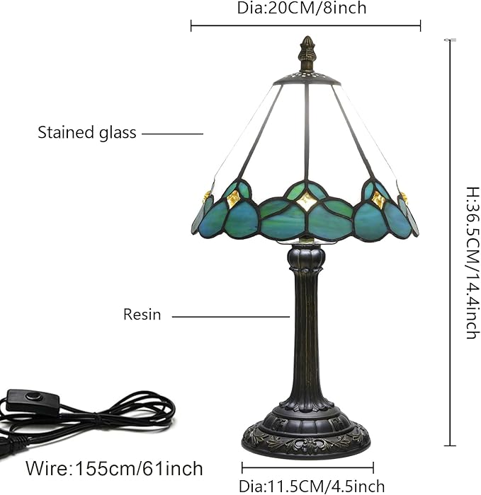 White Tiffany Lamp Small Bedside Dector Light Vintage Stained Glass Table Lamp Living Room Night Lamp Farmhouse Cute Blue Green Butterfly Wings Style Bedroom Nightstand Desk Lamps 8 Inch Mini Gift