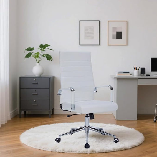 Modern High Back Office Desk Chair, PU Leather Ribbed Ergonomic Executive Conference Chair, Adjustable Swivel Task Chair with Arms, White