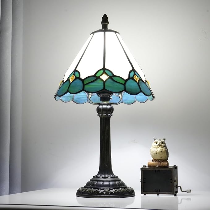 White Tiffany Lamp Small Bedside Dector Light Vintage Stained Glass Table Lamp Living Room Night Lamp Farmhouse Cute Blue Green Butterfly Wings Style Bedroom Nightstand Desk Lamps 8 Inch Mini Gift