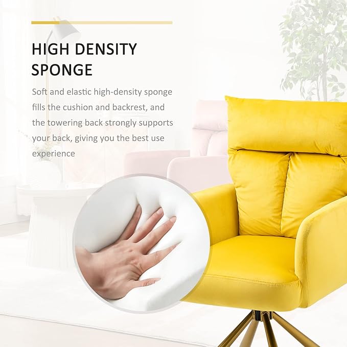 Velvet Office Desk Chair No Wheels, Modern Vanity Chair with Gold Legs, Wide Seat Computer Task Chair for Home Office (Yellow)
