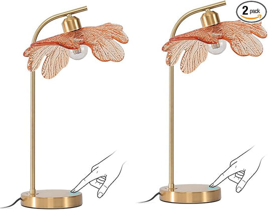 Mid Century Modern Table lamp 2 Pack Gold Table Lamps with Touch Switch Amber Glass Tall Table lamp Bedside Desk lamp nightstand lamp Small Table lamp for Bedroom Living Room Office