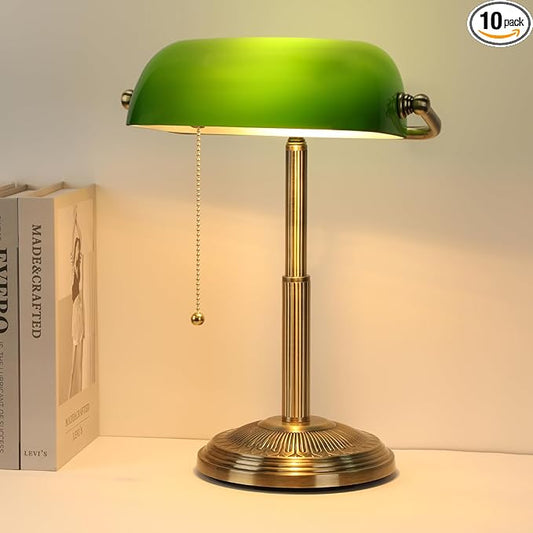 LINNMON Bankers Desk Lamp, Green Retro Lamp, Vintage Lamp with Pull Chain Switch for Home Office (Brass+Green)