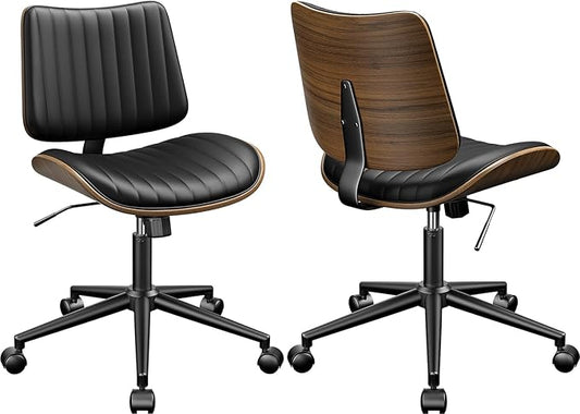 Home Office Chair with Wheels Set of 2, Armless Desk Chair Adjustable Height with Lumbar Support, Swivel Rolling, Modern Walnut Backrest for Office, Small Space, Black, Vertical Stripe