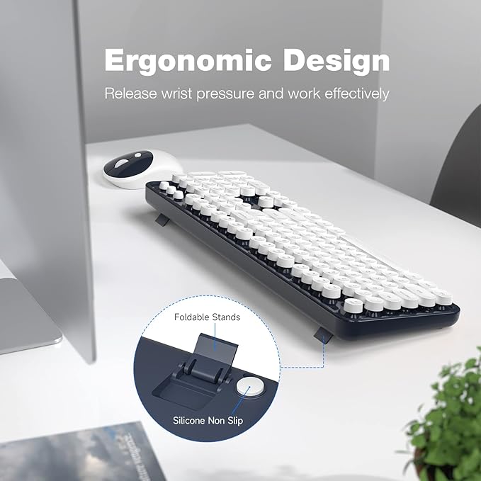Wireless Keyboard and Mouse Combo - GEEZER Deepblue-White Full-Sized Colorful Keyboard 104 Keys - USB 2.4 G Receiver Plug and Play Round Keycap Typewriter Keyboards, for Windows, PC, Laptop, Desktop