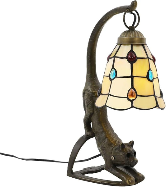 Tiffany Style Table Lamp, Stained Glass Bedside Nightstand Lamps with Cat Base, Vintage Antique Small Desk Light for Bedroom Living Room Home Office Reading Decoration, 5.9x15.74in (Style 2)