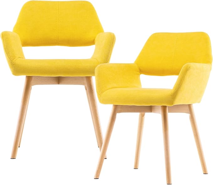 Mid Century Modern Dining Chairs Set of 2 & 4 & 6 Comfy Accent Chair Upholstered Kitchen Dining Living Room Chairs for Bedrooms Waiting Room Home Arm Desk Chair No Wheels (Yellow, 2)
