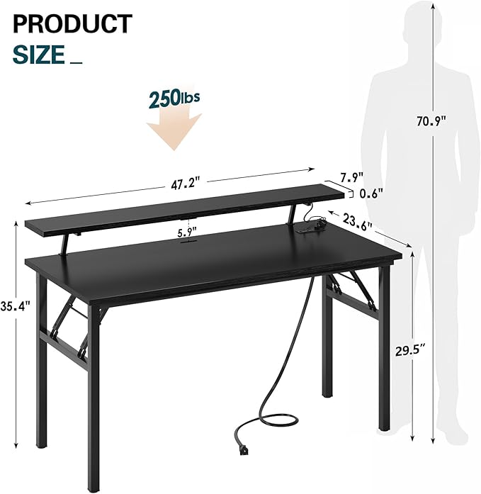 sogesfurniture 47 inch Computer Desk with LED Lights & Power Outlets, Folding Desk with Monitor Shelf, Wide Folding Table Writing Desk Foldable Home Office Desk, Black