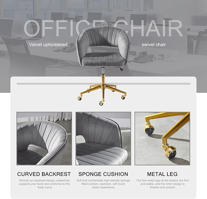 Nrizc Velvet Office Desk Chair, Grey, Adjustable Swivel Wheels, Ergonomic Design for Home Office, Bedroom, Study