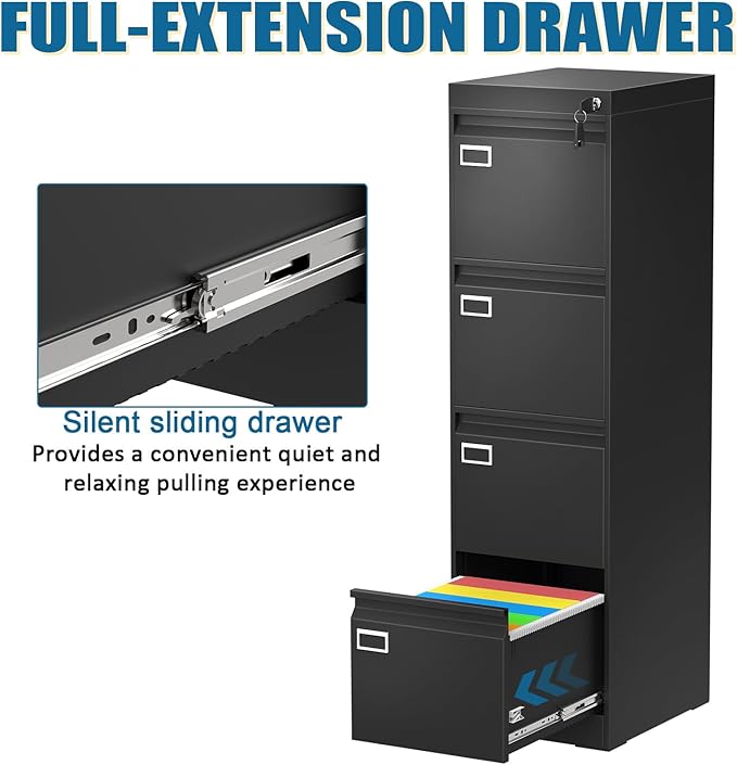 4 Drawer File Cabinet with Lock, Metal Vertical Filing Storage Cabinet, Black Filing Cabinets for Home Office, Narrow File Cabinet Locked for A4/F4/Letter/Legal, Easy Assemble