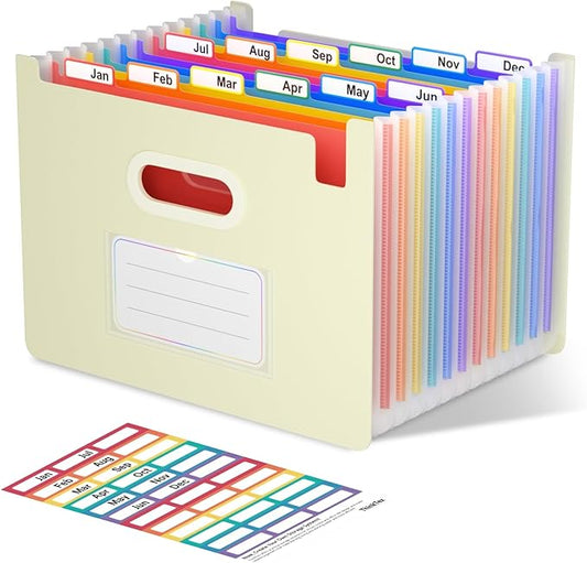 ThinkTex Accordion File Organizer, 12 - Pocket Expanding File Folders Upright & Open Top,for Paper Receipts, Bills&Taxes Organizer, Letter/A4 Size for School, Office, Home with tab- Beige Color