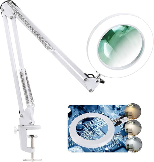 LANCOSC Magnifying Glass with Light and Stand, 5 Inches 10X Real Glass Lens, 3 Color Modes Stepless Dimmable LED Desk Lamp, Adjustable Arm Magnifier Light for Reading Repair Crafts Close Work - White