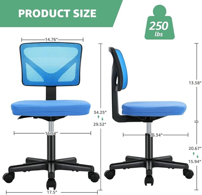 Armless Mesh Office Chair, Ergonomic Low Back Deskchair, Adjustable Rolling Task Computer Swivelchairs for Small Spaces Home Bedroom Study, Blue