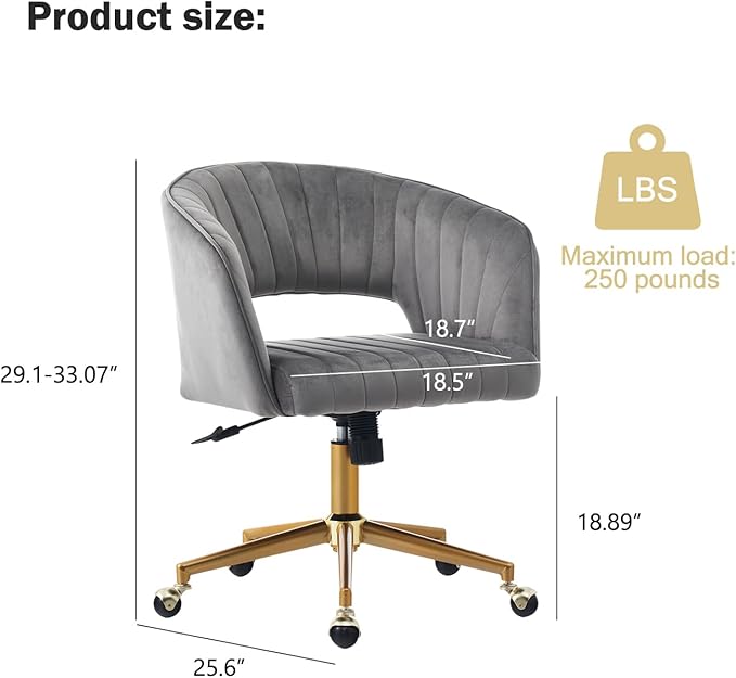 Nrizc Velvet Office Desk Chair, Grey, Adjustable Swivel Wheels, Ergonomic Design for Home Office, Bedroom, Study