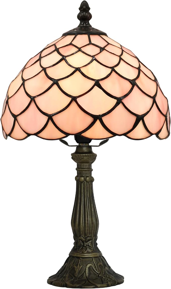 Tiffany Small Table Lamp for Bedroom Bedside Nightstand Table Lamps for Living Room 3 Way Color Temperatures Stained Glass Table Lamp 8X8X15 Inch Home Office Reading Desk Lamp (pink fish scales)