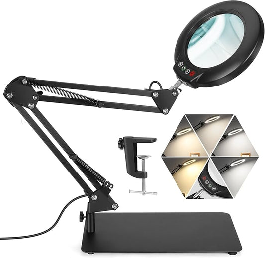 Veemagni 10X Magnifying Glass with Light and Stand, 5 Color Modes Stepless Dimmable 2-in-1 Desk Lamp & Clamp, LED Lighted Magnifier with Light, Hands Free for Repair Craft Hobby Close Work