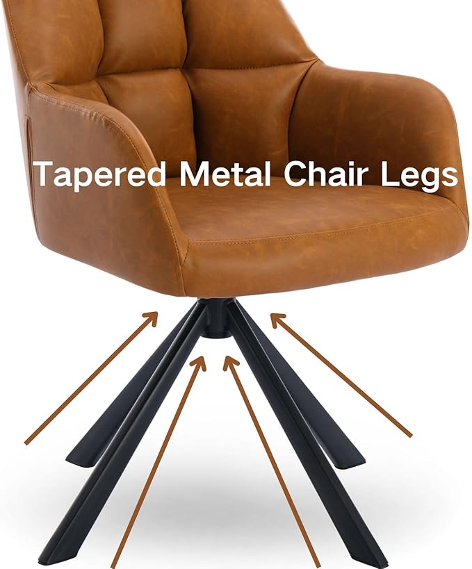 Brown Home Office Chair with Arms, Comfy Desk Chair No Wheels, Upholstered Leather Computer Chair, Swivel Accent Chair for Bedroom, Office, Small Spaces