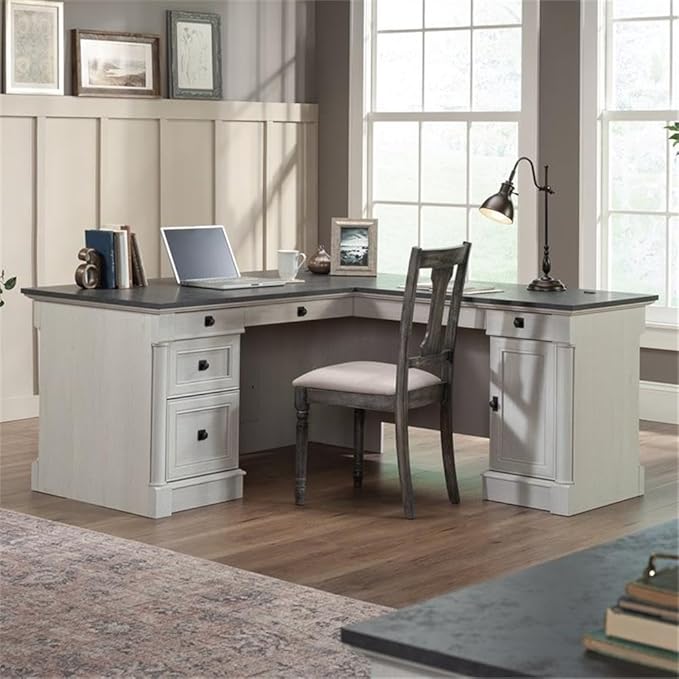Pemberly Row Engineered Wood L-Shaped Desk in Glacier Oak/Rosso Slate Accents