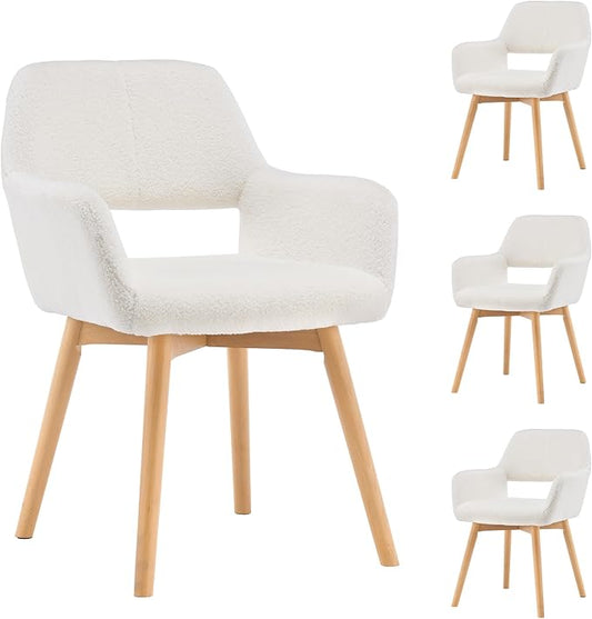 Mid Century Modern Dining Chairs Set of 4 & 2 & 6 Comfy Accent Chair Upholstered Kitchen Dining Living Room Chairs for Bedrooms Waiting Room Home Arm Desk Chair No Wheels (Wool White, 4)
