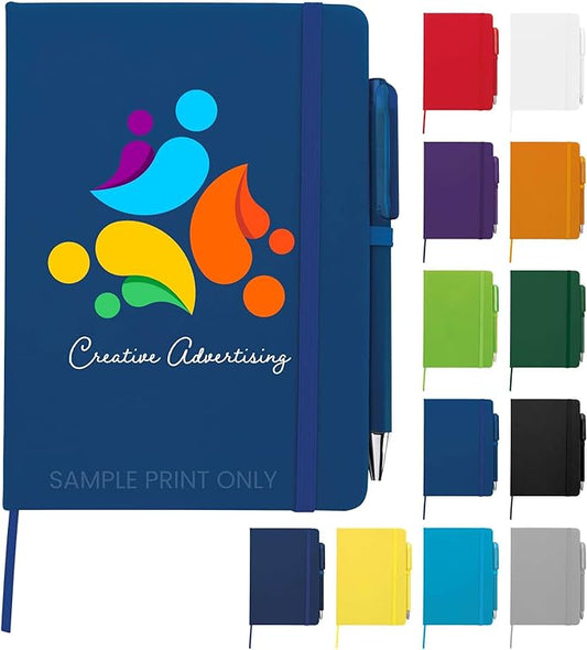 Personalized Notebook Journal – 5” x 7” Customized Notebook with Name, Text or Logo - 100 Page Custom Journal. Leatherette Hardcover & Pen - Blue 75 Pack