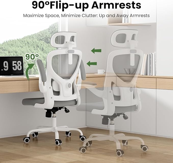Soohow Ergonomic Office Chair, Office Mesh Desk Chair with Adjustable Lumbar Support Armrests, Comfy Computer Desk Chair with Headrest, for Home and Office, White & Grey