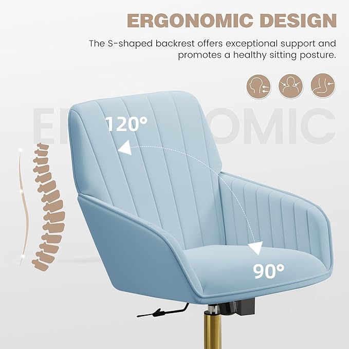 YISHENG Velvet Office Desk Chair with Gold Base, with Wheels,Modern Height Adjustable 360 Degree Swivel Upholstered Vanity Chairs with Arms for Living Room Bedroom,Sky Blue
