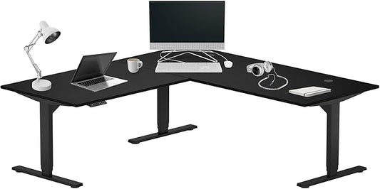 Progressive Desk Height Adjustable Electric Standing Desk - L Shaped 72" x 72" Computer Stand Up Rising Workstation Corner Table - Black Frame, Ebony Oak Top