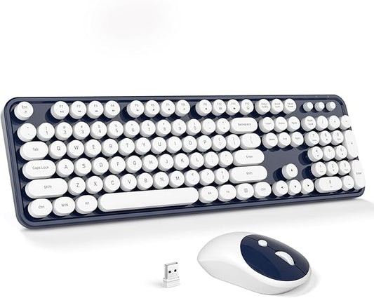 Wireless Keyboard and Mouse Combo - GEEZER Deepblue-White Full-Sized Colorful Keyboard 104 Keys - USB 2.4 G Receiver Plug and Play Round Keycap Typewriter Keyboards, for Windows, PC, Laptop, Desktop