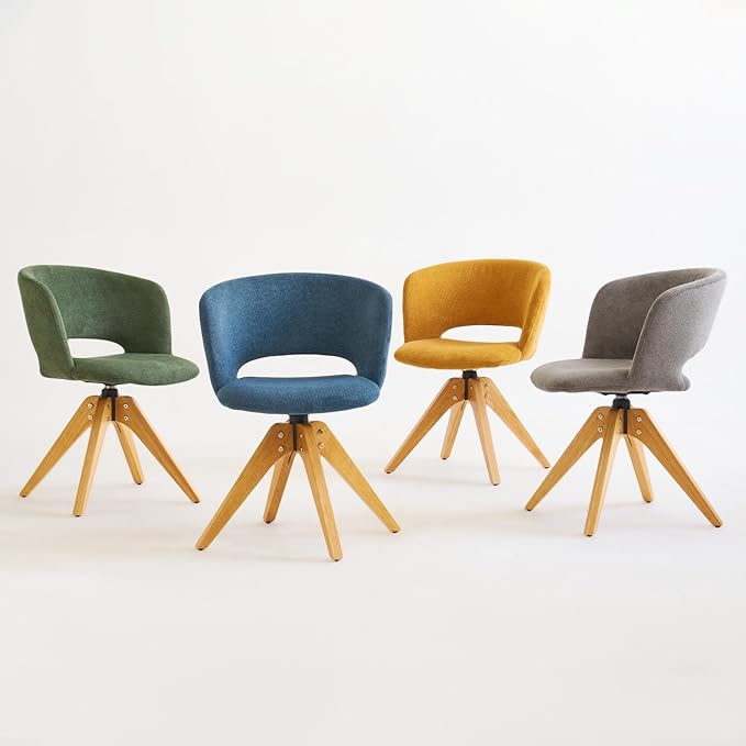 Mid Century Modern Swivel Accent Chair with Solid Wood Legs, Home Office Desk Chair No Wheels, Makeup Chair for Vanity, Upholstered Chair for Bedroom, Grey