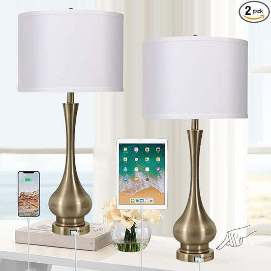 Touch Lamp for Bedrooms Set of 2, 3-Way Dimmable Nightstand Lamp Sets with Linen Fabric Shade, Bedside Lamp with USB Port & E26 Socket, Modern Tall Table Lamp for Bedroom, Living Room, Office