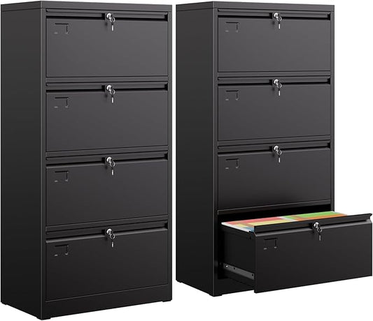 4 Drawer Lateral File Cabinet, Metal Lateral File Cabinets with Lock, Legal Size Steel Lateral Filing Cabinet for Office and Home