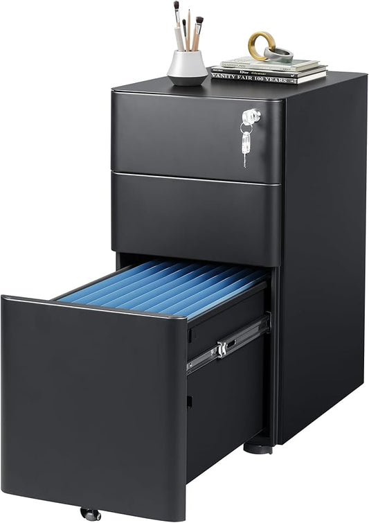 DEVAISE 3-Drawer Slim File Cabinet, Vertical Filing Cabinet, Fully Assembled Except Casters, Black