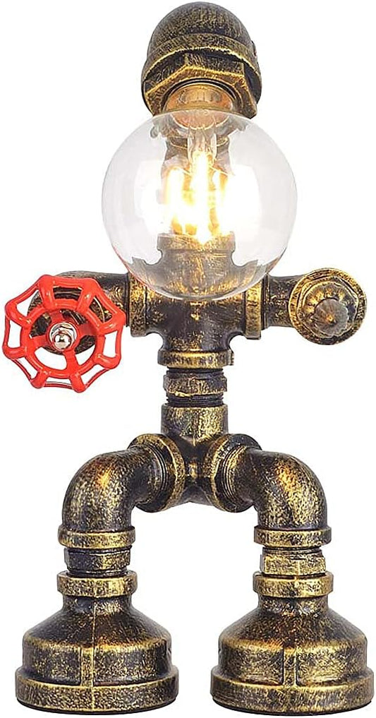 Water Pipe Table Lamp Robot Style- Retro Industrial Table Light- Antique Steampunk Metal Desk Lamp Bedside Lighting Fixture for Office, Reading Kids Room, Cafe Bar (Bronze-Style A)