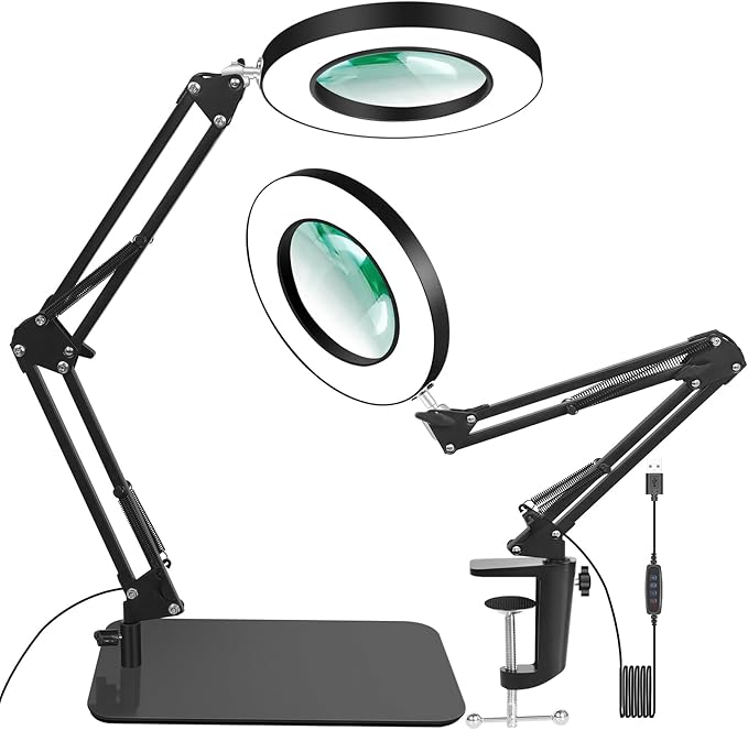 Lighted Magnifying Glass with Light and Stand, 12X Magnifier with Light Hands Free, 5 Color Modes LED Work Lighted, 2-in-1 Magnifying Lamp for Reading Craft Hobby Painting Sewing Close Work